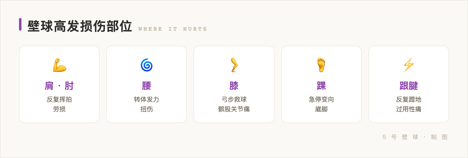 壁球高发损伤部位:肩肘/腰/膝/踝/跟腱