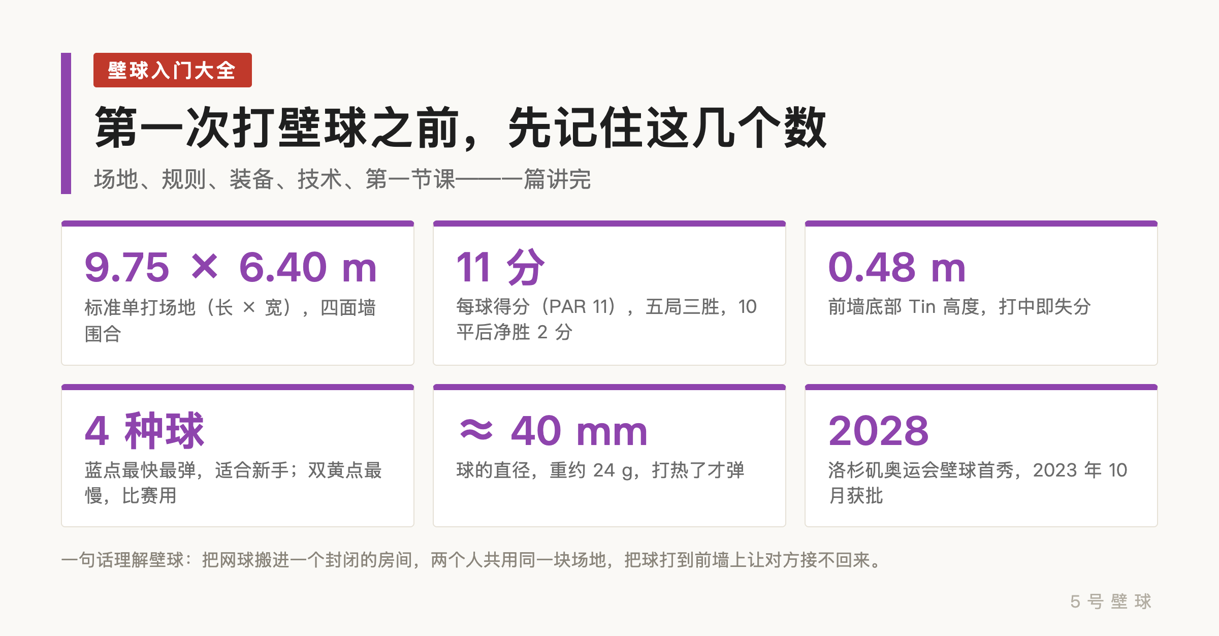 壁球入门大全:场地尺寸、规则计分、四种球怎么选、核心技术与跑位,普通人第一节课的行动地图(附 5 张自制信息图)