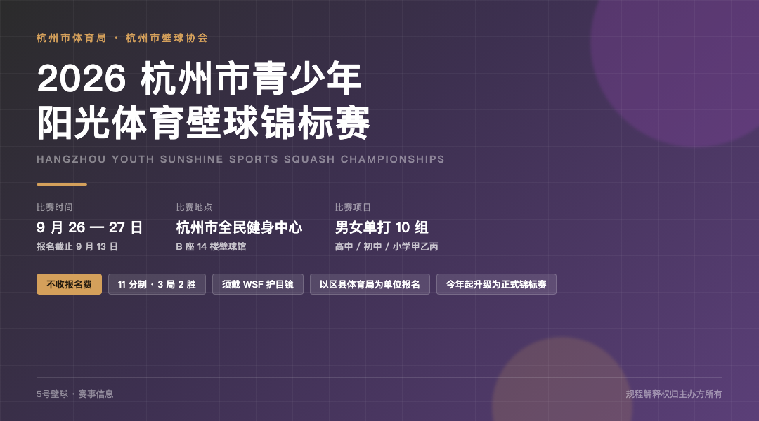 2026年杭州市青少年阳光体育壁球锦标赛